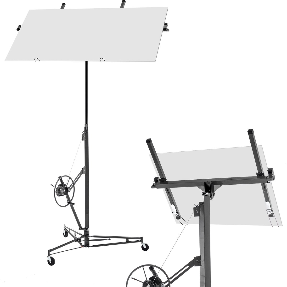 Opvouwbare gipsplaatheffer - Tilcapaciteit tot 68 kg - Hoogte verstelbaar 180-470 cm - 3 wielen met rem - 60° helling - Kleur grijs