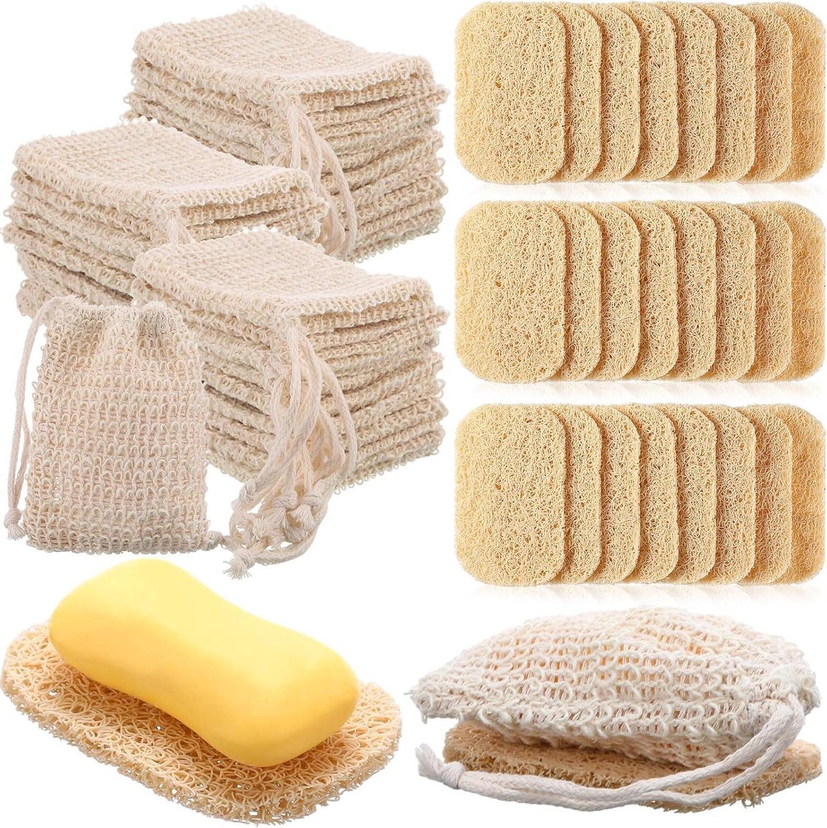 Zeepzakjes en Pads - Zeepbewaarder Schuimnet - Douchen en Reinigen - Zeepresten Besparen - 48 stuks - Beige