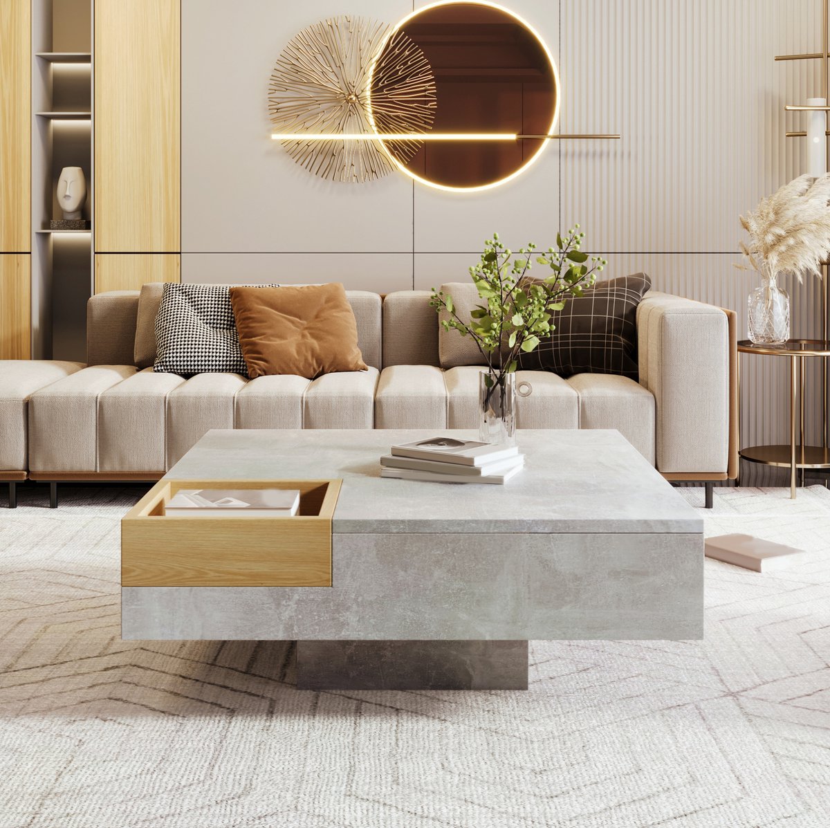 HAUSS SPOLE Salontafel - Uitneembare Opbergbox En Betonlook - Vierkant Voor Woonkamer - Spaanplaat - 72x72x30 Cm - Grijs En Houtkleur