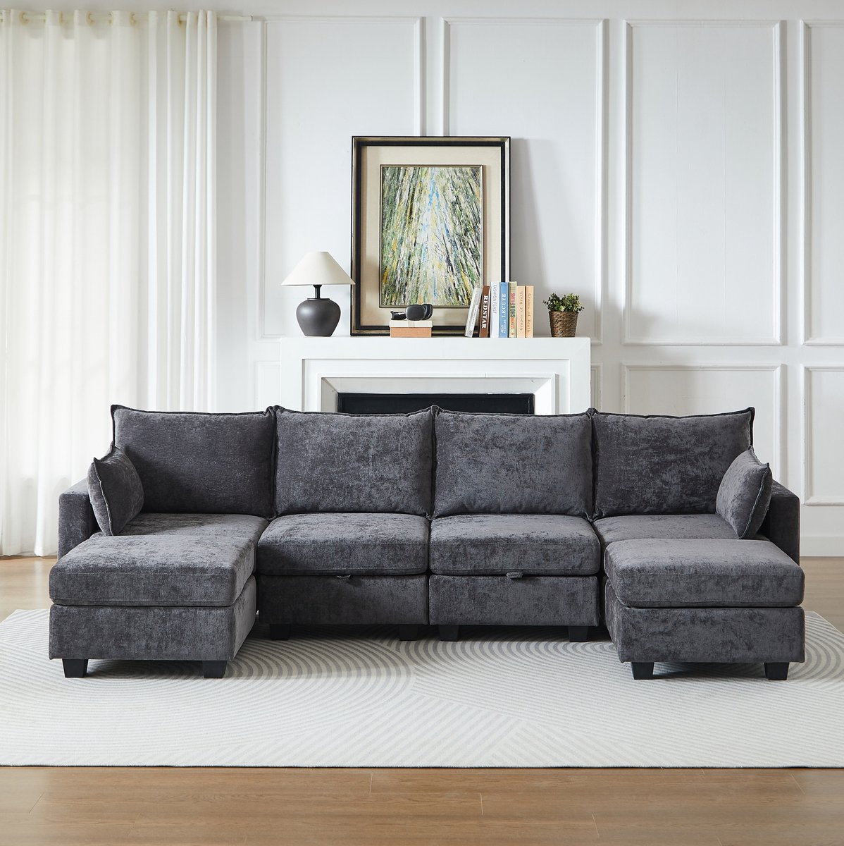 FloraGrace U-Bank 289,6 x 141 x 87,6 cm - 6-Zits Modulaire Hoekbank Met Opbergruimte En Slaapfunctie - Voor Woonkamer - Chenille - Grijs