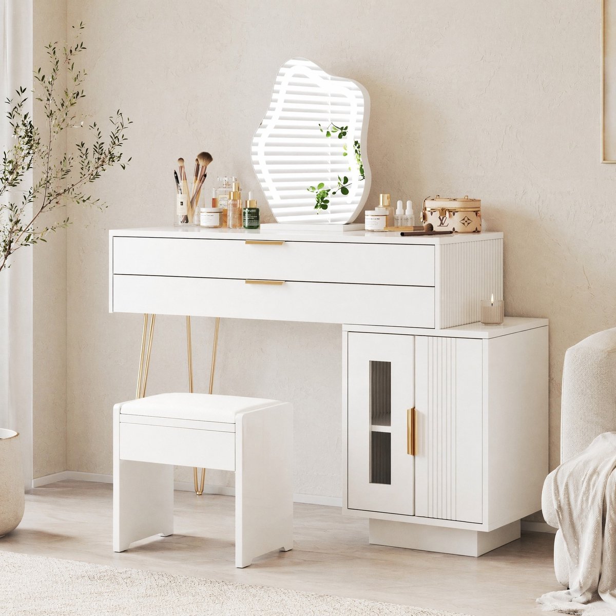 HAUSS SPOLE Kaptafel - Met Led Spiegel En Uitschuifbaar Ontwerp - Met 2 Lades Voor Slaapkamer - Spaanplaat En Metaal - 100x40x78 Cm - Wit