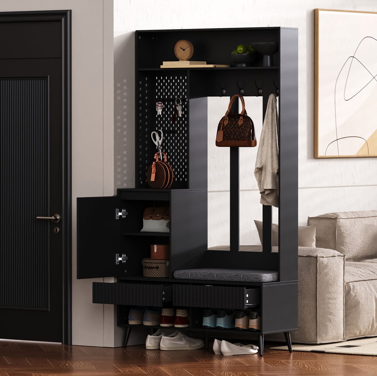 HAUSS SPOLE Halmeubel - Garderobeset Met Schoenbank, 4 Haken, 2 Lades En 1 Deur - Voor Hal En Entree - MDF - 100x35x180 Cm - Zwart