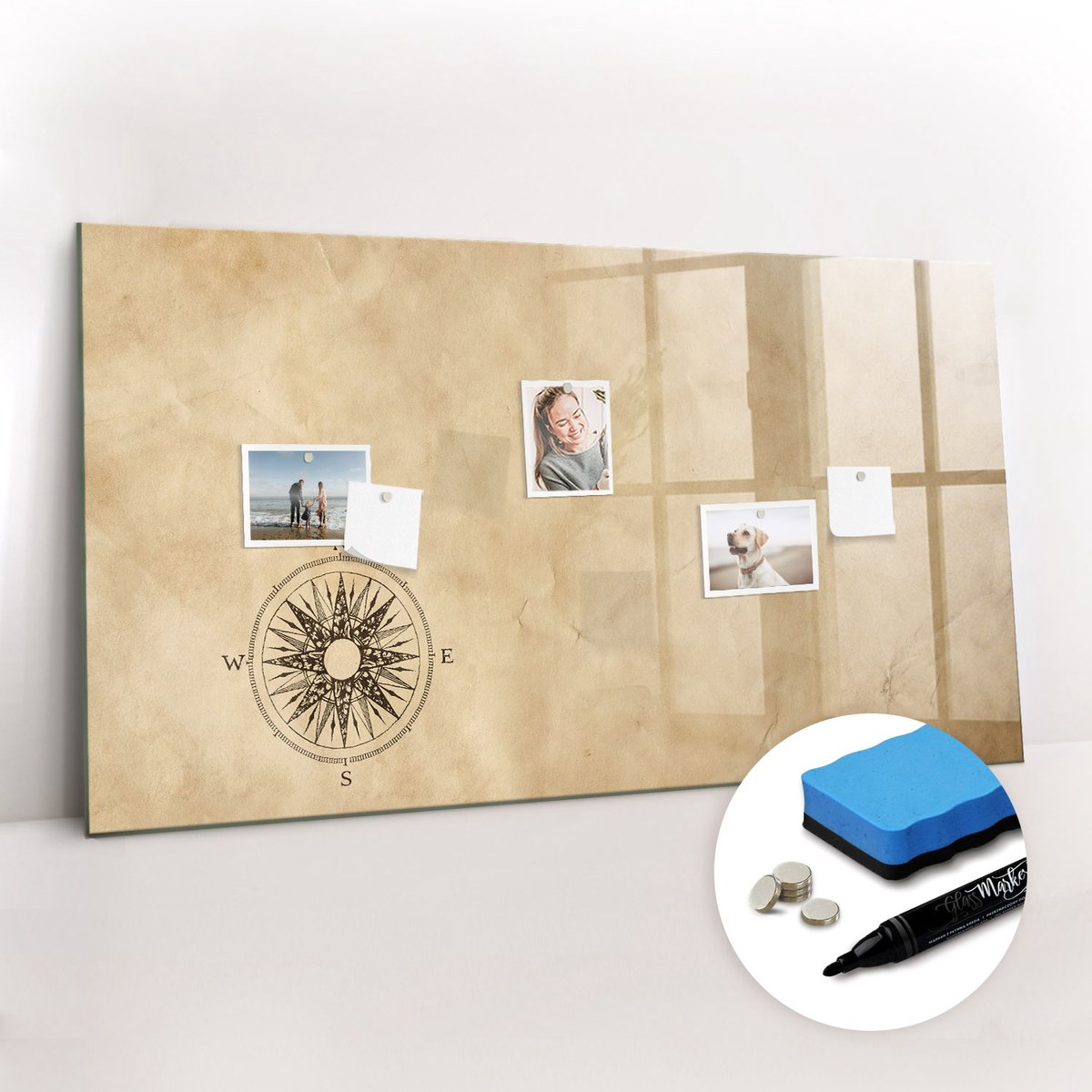 Tulup Whitebord - Canvas kompas - 120 x 60 cm - Bruin Magneetbord Rechthoekig - Gratis 5 Sterke Magneten + Whiteboard Marker & Wisser - Industrieel Wandbord - Magneetbord Muur - Inspiratiebord Kantoor