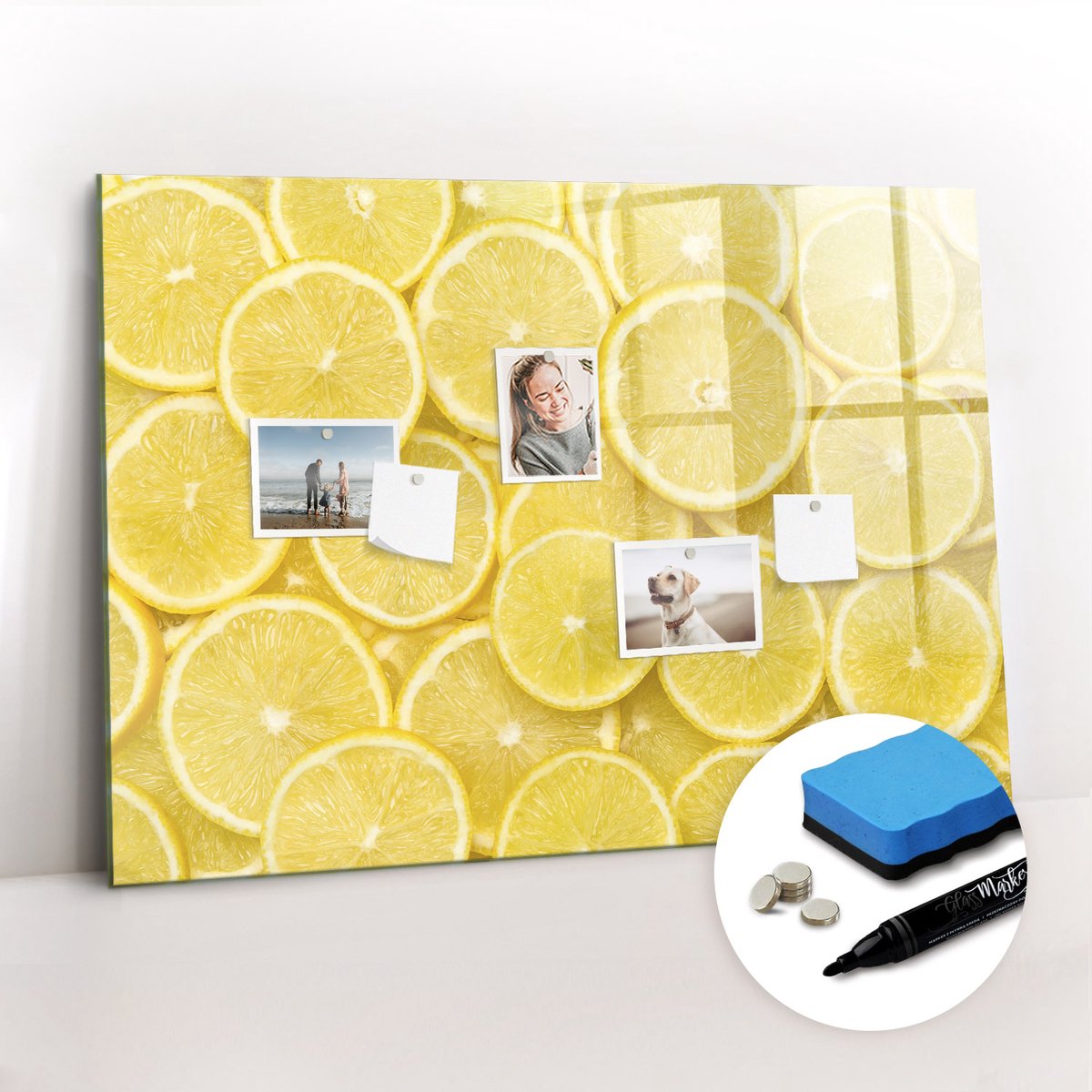 Tulup Whitebord - Citroenschijfjes - 100 x 70 cm - Geel Memobord Keuken - Gratis 5 Sterke Magneten + Whiteboard Marker & Wisser - Minimalistisch Prikbord - Memo Magneetbord - Planning Muur