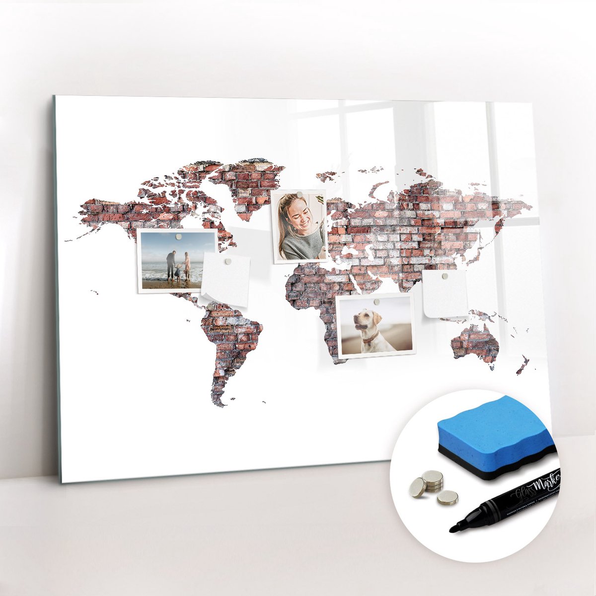 Tulup Whitebord - Brick wereldkaart - 100 x 70 cm - Wit Magneetbord Rechthoekig - Gratis 5 Sterke Magneten + Whiteboard Marker & Wisser - Wanddecoratie Kantoor - Memobord Keuken - Ideeënbord Thuiswerkplek