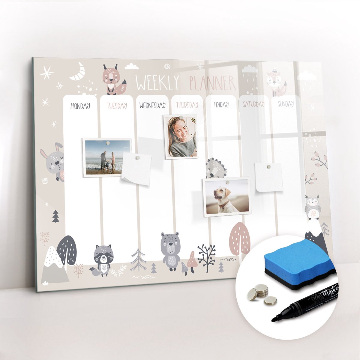 Tulup Whitebord - Dierenplanner - 100 x 70 cm - Veelkleurig Magnetisch Memobord - Gratis 5 Sterke Magneten + Whiteboard Marker & Wisser - Stylish Memo Board - Magnetisch Memobord - Notitiebord Werkplek