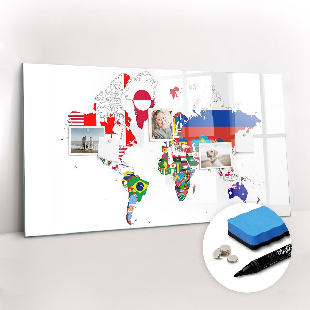 Tulup Whitebord - Kaart van nationale vlaggen - 120 x 60 cm - Wit Magnetic Board - Gratis 5 Sterke Magneten + Whiteboard Marker & Wisser - Wanddecoratie Kantoor - Magneetbord Foto - Ideeënbord Thuiswerkplek