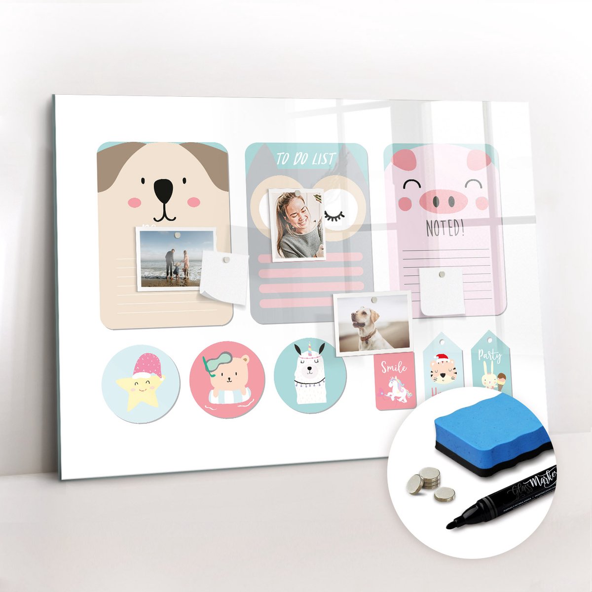 Tulup Whitebord - Blije dieren - 100 x 70 cm - Veelkleurig Memobord Magnetisch - Gratis 5 Sterke Magneten + Whiteboard Marker & Wisser - Scandinavisch Design Bord - Magnetisch Wandbord - Organiseer Je Bureau