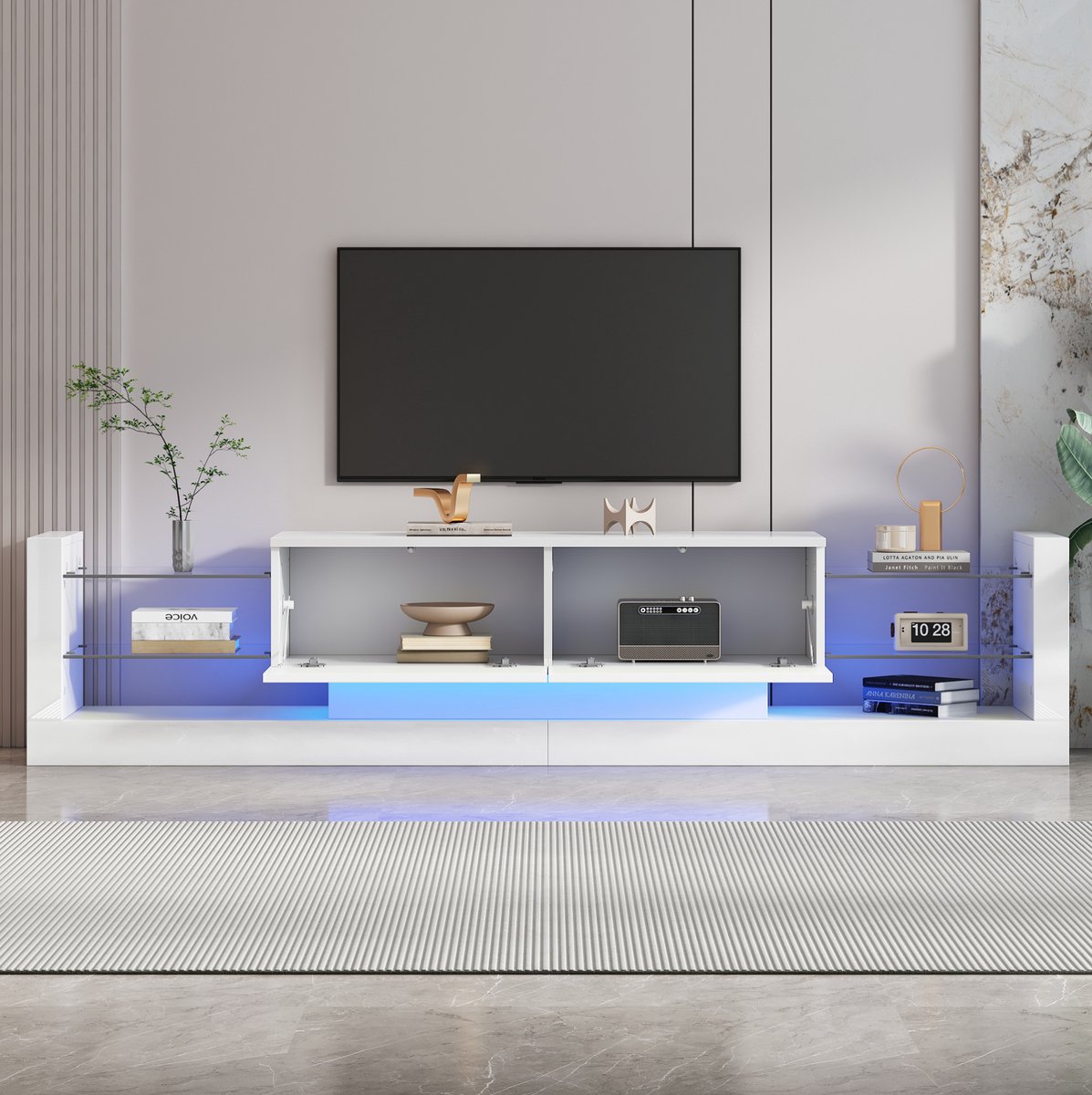 HAUSS SPOLE Tv-Kast - Hoogglans Met Ledverlichting En Glasfront - Voor Woonkamer En Televisies Tot 80 Inch - Spaanplaat - 181x38x38 Cm - Wit
