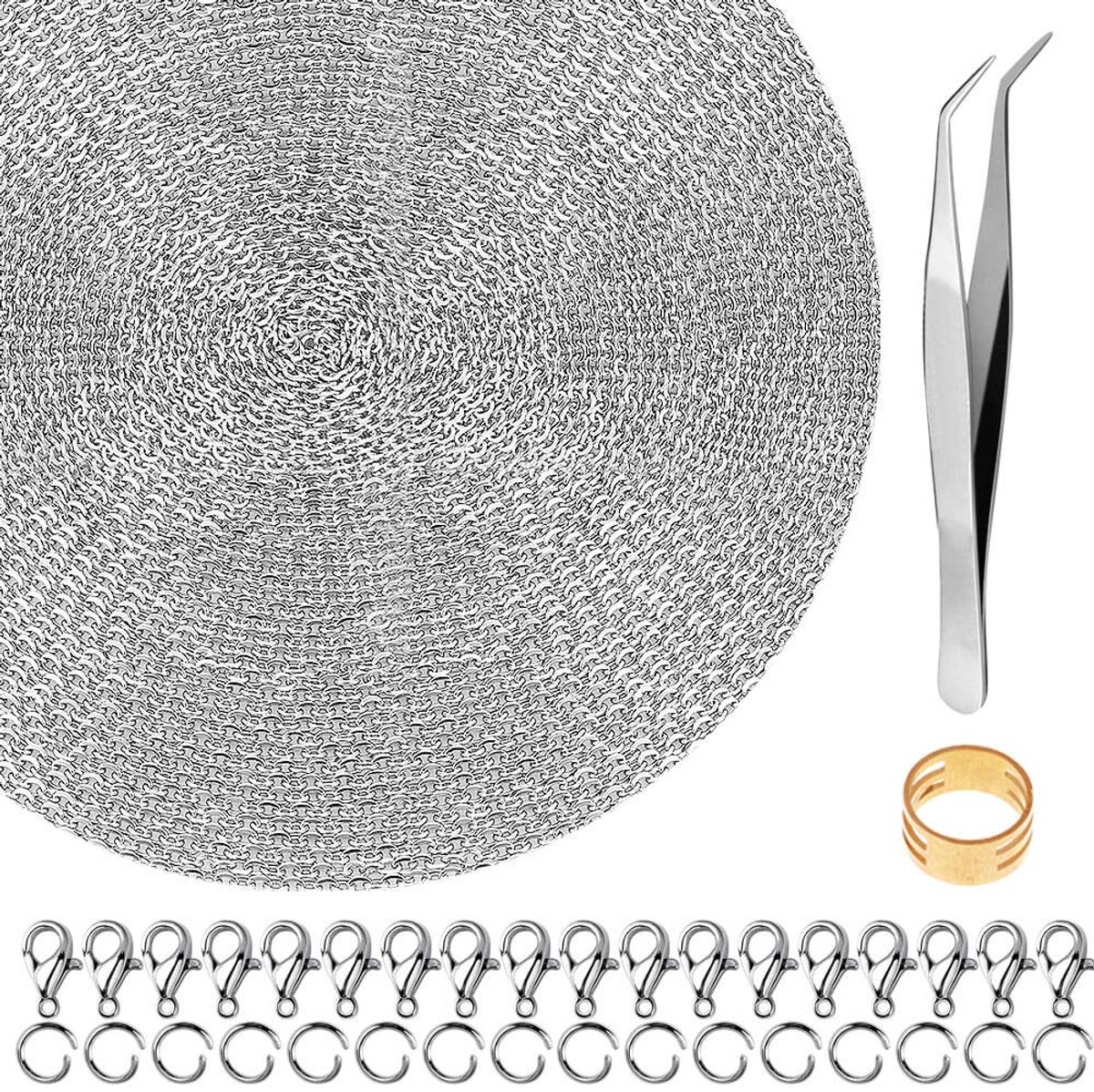 50 Voet Sieraden Ketting Ketting Kettingen 2.0mm Rvs met 100 Jump Ringen 30 Kreeft Sluitingen