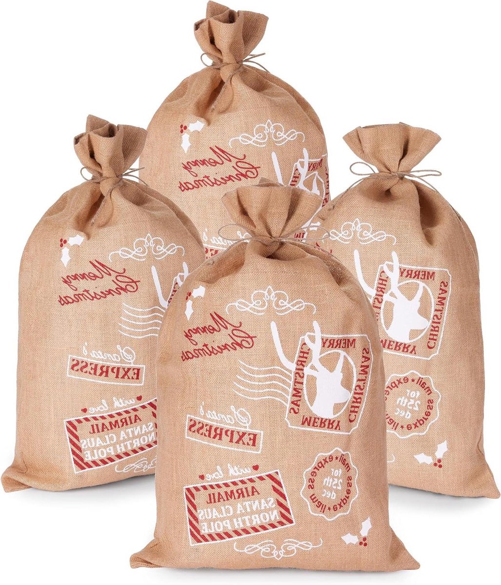 Kerstzak Jute - Grote Geschenkzak Feestelijke Jute Zak - Cadeaus Inpakken - Met Koord Sluiting - 80 cm - Rood