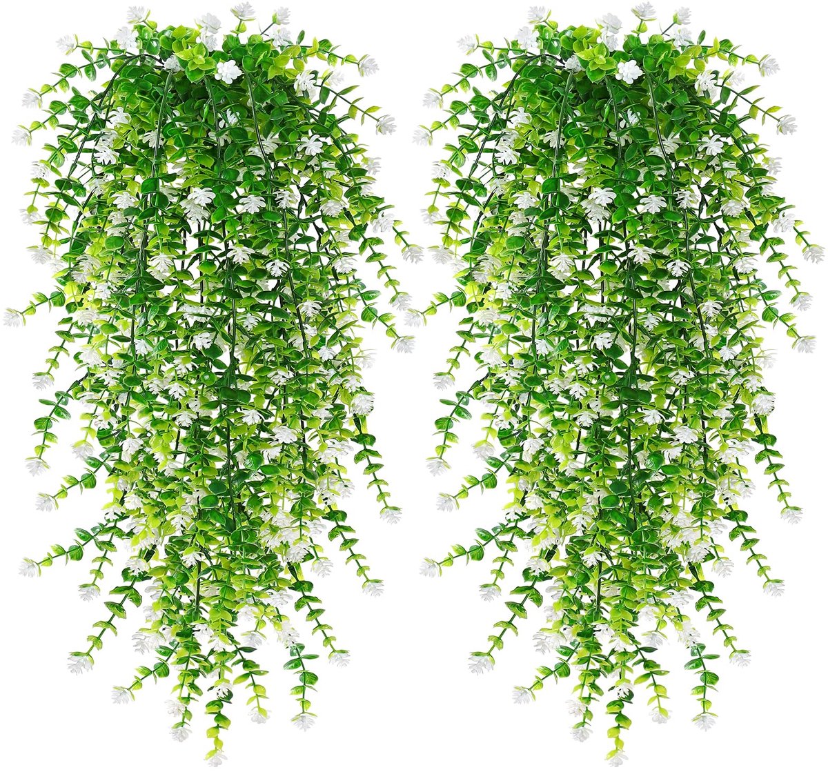 4 stuks kunstmatige hangende bloemen voor buiten, nep hangende eucalyptusplanten ranken, UV-bestendig kunstmatige plastic hangende groene planten voor huis tuin erf bruiloft patio kamer muur