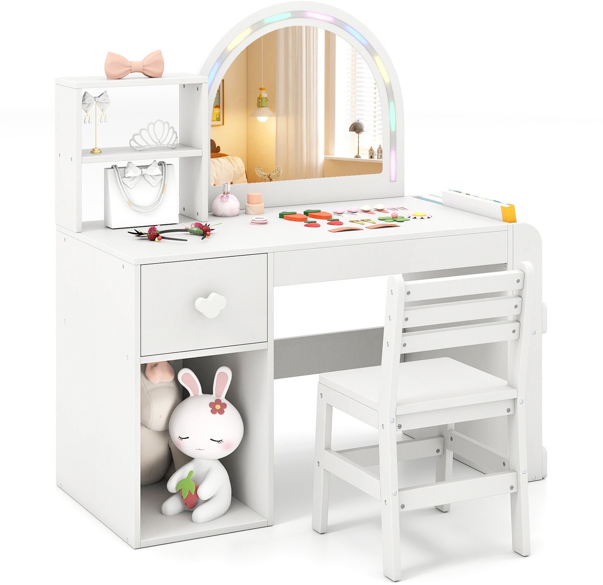 COSTWAY 2-in-1 Kindermake-uptafel met Verlichting, Kindermake-uptafel met Kleurrijke Spiegel, Boekenplank & La, Houten Kaptafel, Make-up Set voor Meisjes vanaf 3 jaar (Wit)