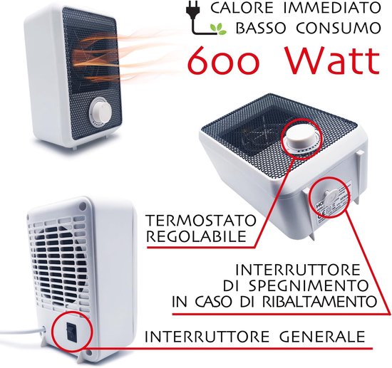 Elektrische Ventilator - Compacte Kachel - Snelle Verwarming - Laag Stroomverbruik - 18.5 cm Hoog - Wit — afbeelding 3