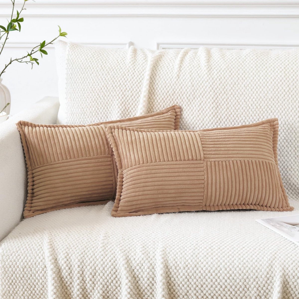 Corduroy kussenhoezen set van 2 moderne patchwork sierkussenhoezen zachte kussensloop brede zijde decoratieve getextureerde kussens voor huisdecoratie bank slaapkamer bank lichtbruin 40x60cm