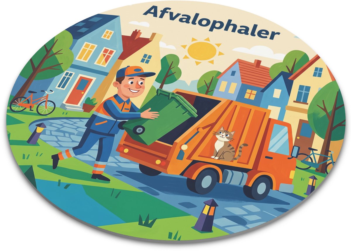 Ronde muismat Afvalophaler met vuilniswagen, groene container en vrolijke straat illustratie, retro gouache cadeau voor afvalophaler, reinigingsdienst of collega