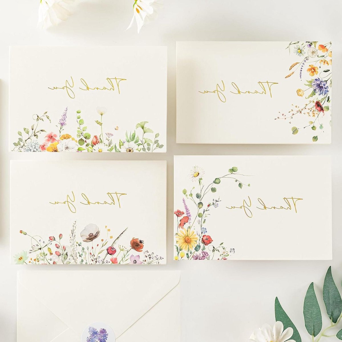 Bedankkaarten Set - Wenskaarten Bloemen - Feestelijke Groeten - Aquarel Wildflower Design - 100 Stuks - Multicolor