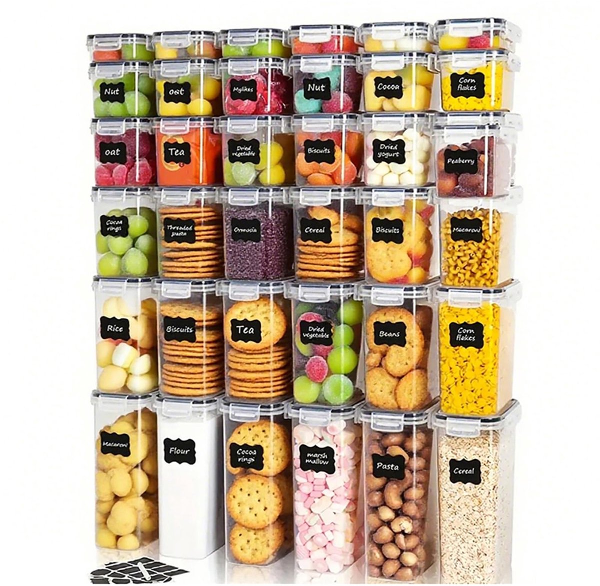 36 stuks luchtdichte voedselcontainers met deksel, kunststof containers voor keuken en organisatie voor muesli, droge levensmiddelen, meel en suiker, BPA-vrij, pvc-vrij, met etiketten