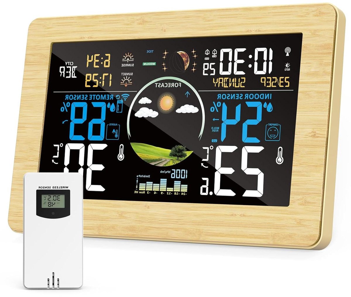 Weerstation met Sensor - Buitensensor Kleurendisplay - Binnen Klimaat - 4 Zones Monitoring - 7.5 Inch Scherm - Zwart