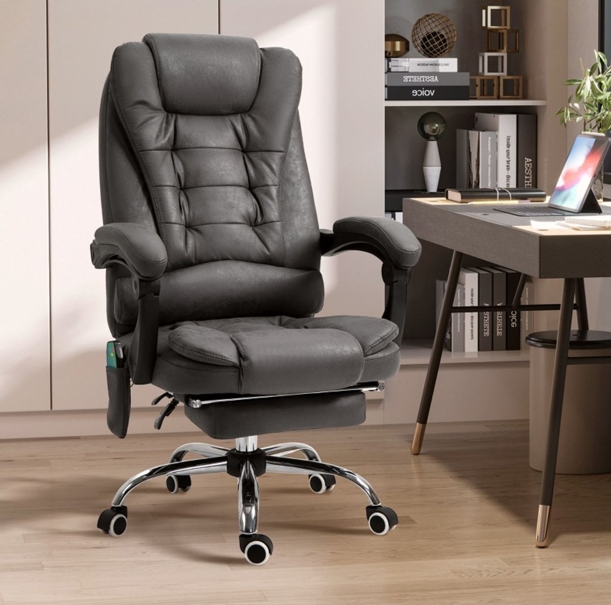 Wishdor - Bureaustoel met massage- en warmtefunctie - ergonomisch - 6 massagepunten - met voetsteun - thuiskantoor - polyester - donkergrijs - 65 x 119 cm