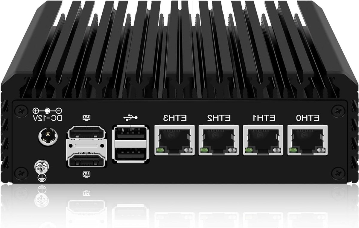 Fanless Mini PC Firewall Appliance met 4x 2.5GbE LAN, OPNsense/pfSense Ondersteuning, DDR5, NVMe & SATA