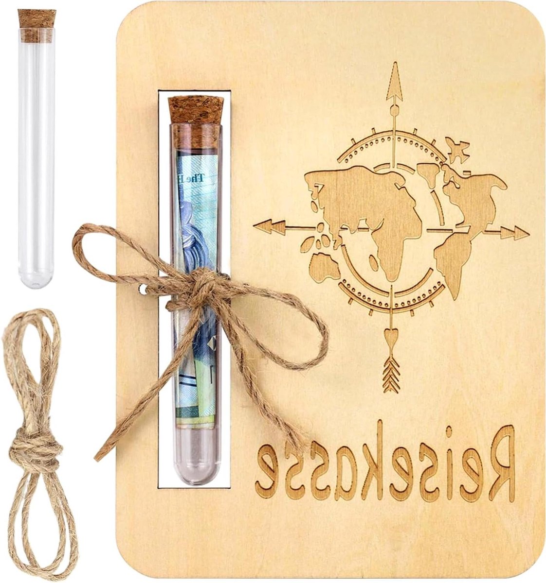 Houten Geldkistje Wereldkaart - Reis Kado Geld Cadeau - Cadeau Geven - Met Testbuisje - 16 x 12 cm - Houtkleur