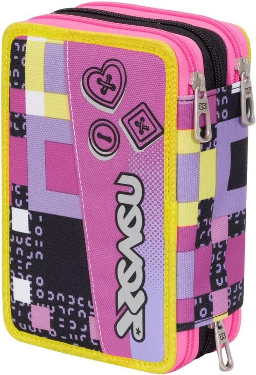 Pennenetui - Etui Meisjes - Schoolspullen Organiseren - Drievoudig Vak - 20 x 12.5 x 7 cm - Roze Zwart Geel