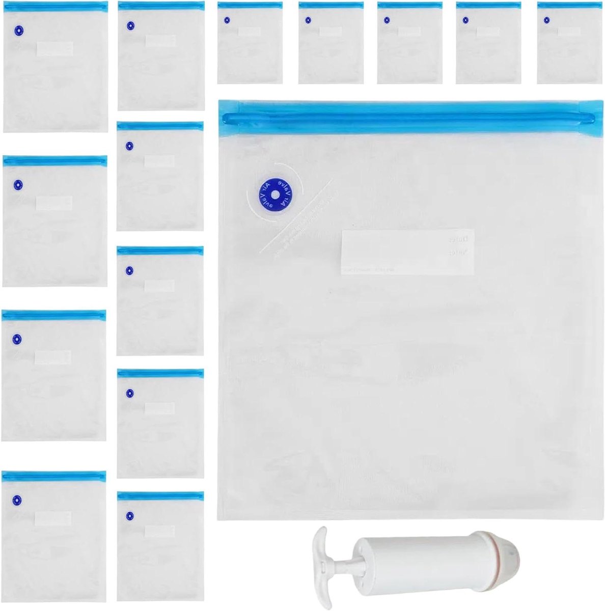 Vacuümzakken voor kleding - Herbruikbaar met 1 handpomp en 6 sluitclips - Voor reizen, opslag en verhuizing van beddengoed en kussens - 3 verschillende maten