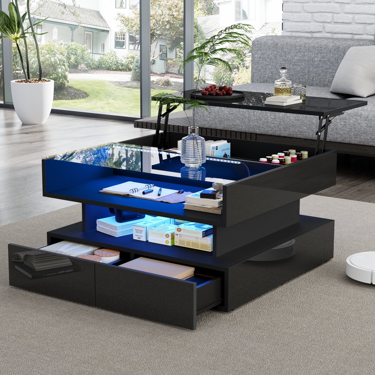 HAUSS SPOLE Salontafel - Hoogteverstelbaar Met LED En 2 Lades - Voor Woonkamer - Gehard Glas En Spaanplaat - Zwart - 80x80x45 Cm