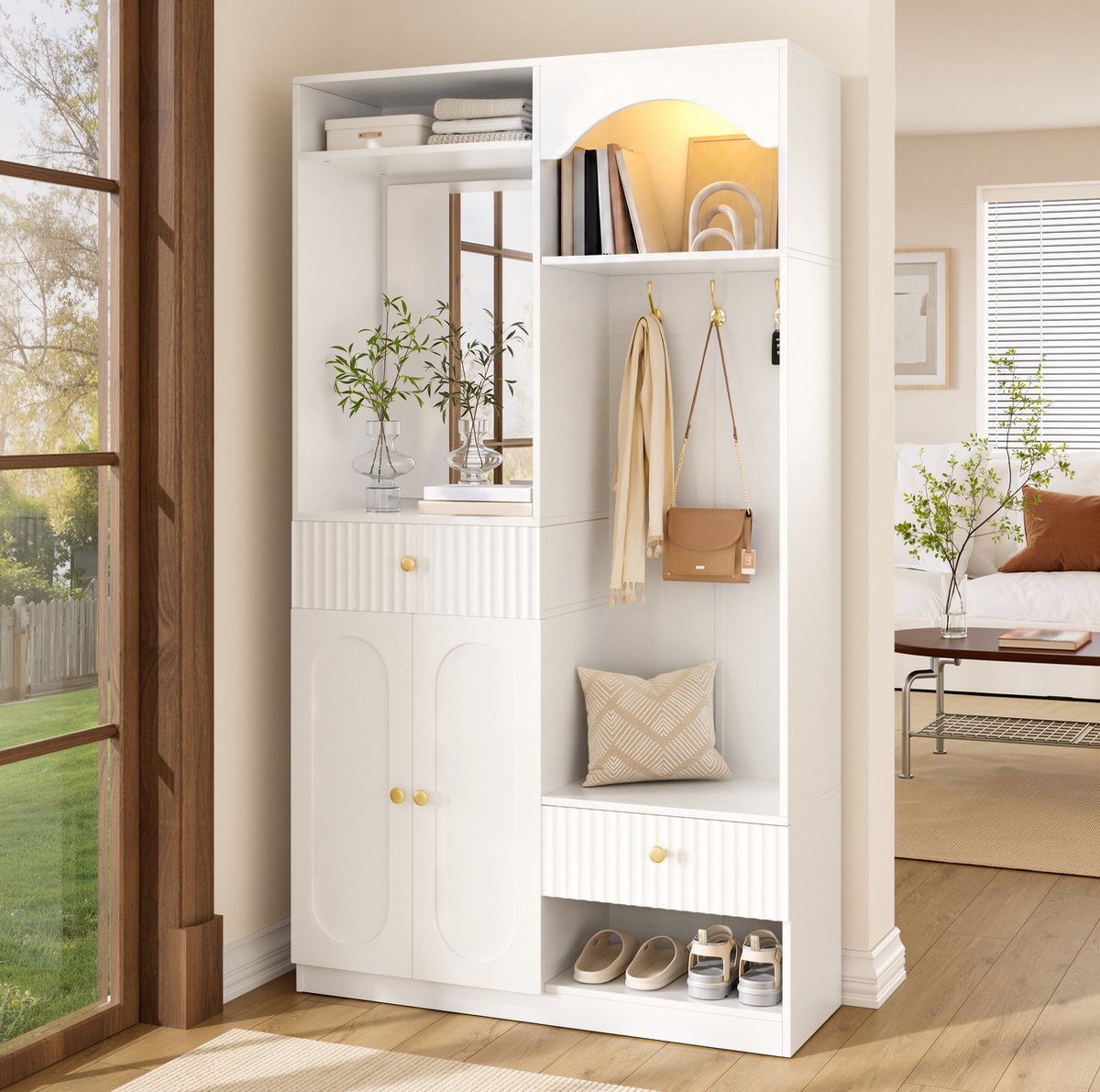 STILVORA Schoenenkast - Halmeubel Met Spiegel, Haken En Ledverlichting - Opbergkast Voor Entree En Gang - MDF - 100x35x180 Cm - Wit