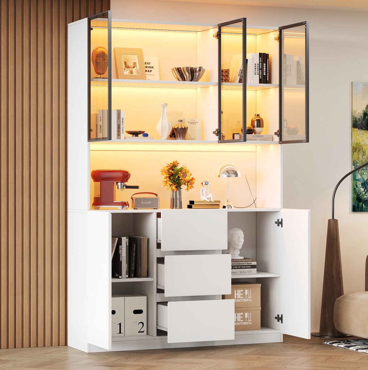 STILVORA Boekenkast - LED-Verlichte Glasvitrine Met 3 Laden En 2 Deuren - Voor Woonkamer En Eetkamer - MDF - 120x40x200 Cm - Wit
