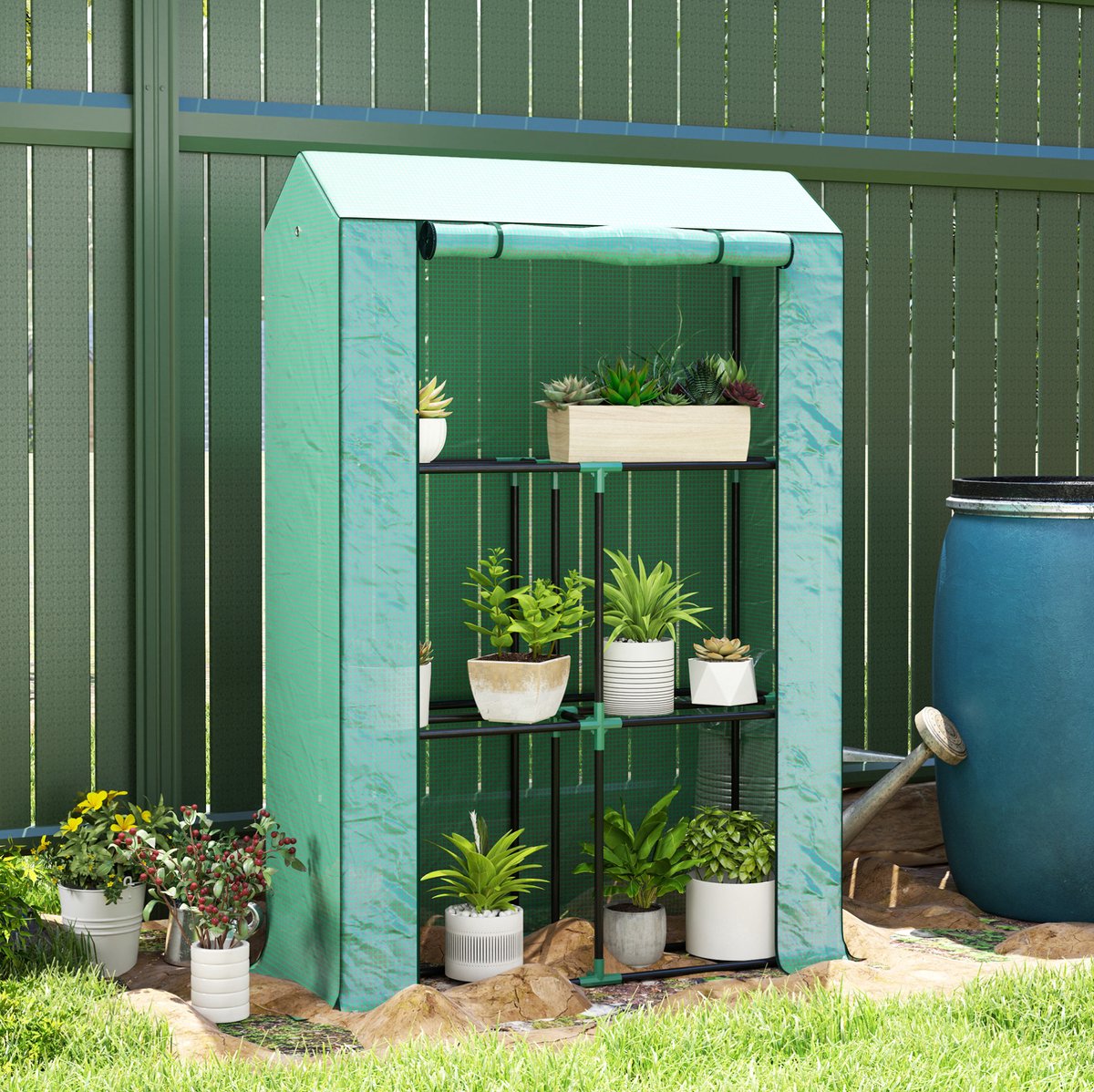 MEUNIQ Foliekas 100 x 40 x 150 cm met 3-laags plantenrek, oprolbare ritsdeur, uv-bestendige kunststof afdekking en stalen frame, groen