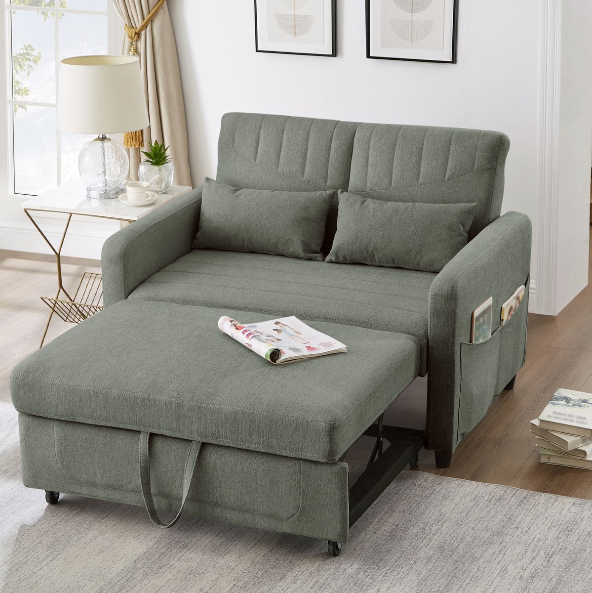 FloraGrace Slaapbank – 2-Zits Uitschuifbare Bedbank Met 3-Standen Rugleuning – Voor Woonkamer Of Slaapkamer – Linnen – Army Green