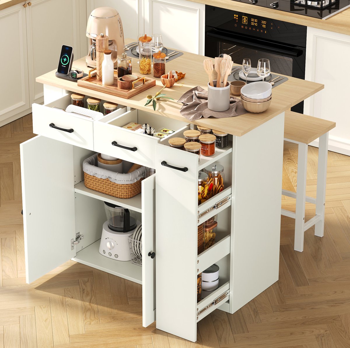 MIVRAY Keukenkast - Uittrekbaar Keukeneiland Met Stopcontacten En Laden - Voor Keuken En Eethoek - Spaanplaat - 120x45-75x96 Cm - Wit