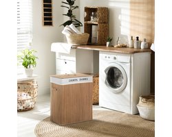 MEUNIQ Wasmand 100L met deksel 52 x 32 x 63 cm, bamboe wasbox met uitneembare canvas waszak, 2 vakken voor wassortering, handgrepen en ventilatiegaten, naturel