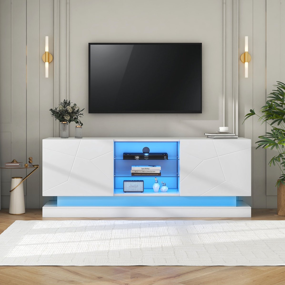HAUSS SPOLE Dressoir - Tv Meubel Met Verstelbare Glasplank En Stille Scharnieren - Voor Woonkamer - Spaanplaat - 160x38,5x60 Cm - Wit