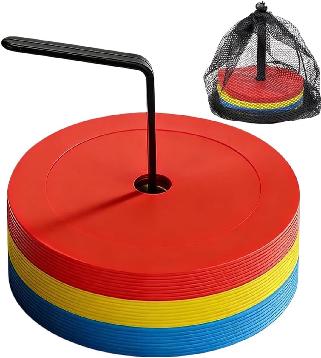 Markeringsschijven, set van 24 stuks, 15 cm, met organizerhouder, ronde platte markeringshoedjes, buigzaam sportmarkeringsbord, kleurrijk, voor training, voetbal, sportvelden