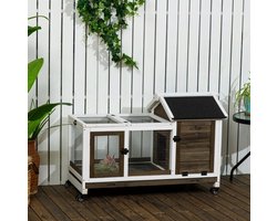 MEUNIQ Kleintierstall voor dwergkonijnen en cavia's 108 x 58 x 73,5 cm met wielen, overdekt hok, uitloop, 2 voordeuren, opklapbaar dak en uitneembare bodembak