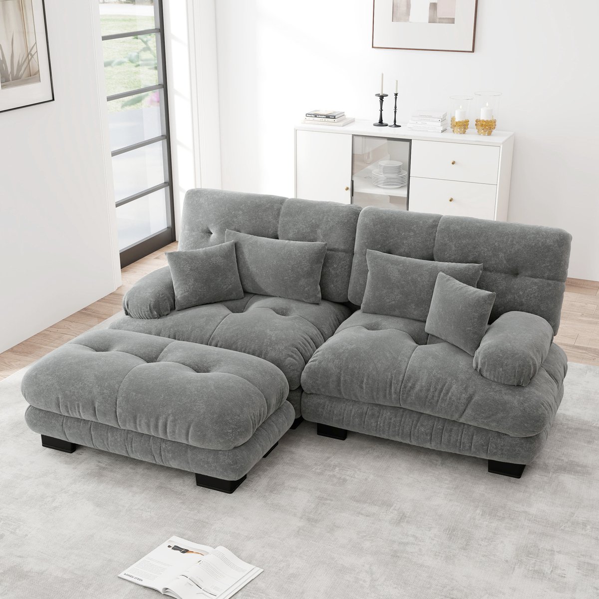 FloraGrace Hoekbank 220 x 145 cm - Modulaire Chenille Bank Met Ottoman En 4 Kussens - Voor Woonkamer Of Kantoor - Grijs