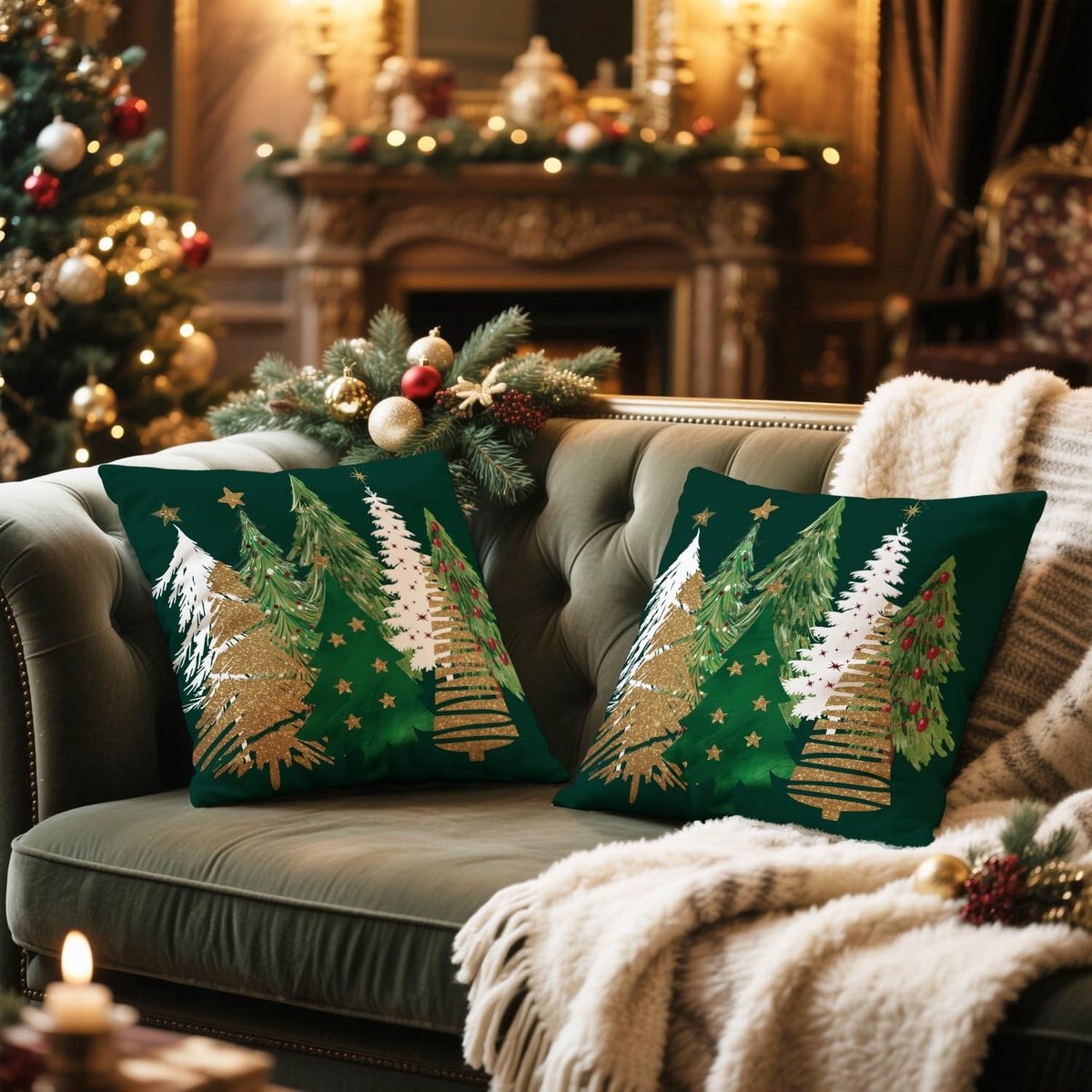 Decoratieve Kerst Kussenhoezen 55x55cm Set van 2, Groene Hoezen voor de Bank en Sofa, Perfect voor Feestdagen en Thuisdecoratie