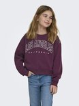 Meisje met lang blond haar, draagt een bordeauxrode sweater met 'LOS ANGELES CALIFORNIA' tekst en jeans.