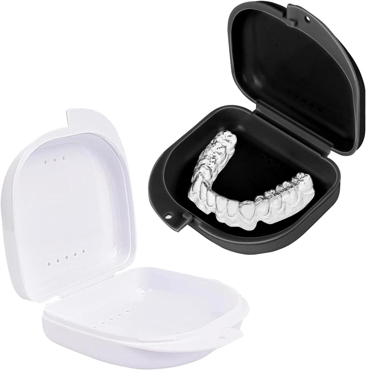 Beugeldoos Tandprothesen - Retainer Box - Mondzorg Opbergen - Ventilatie Gaten - 80 x 77 x 25 mm - Zwart Wit
