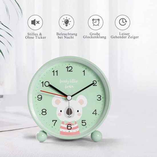 Kinderwekker - Stille wekker - Nachtrust bewaren - Met nachtlampje - 11 cm - Groen — afbeelding 3