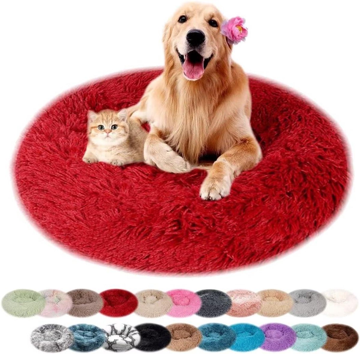 Hondenbed Rond - Kattenmand Pluche - Comfortabel Rusten - Verhoogde Knuffelrand - 90 cm Diameter - Rood