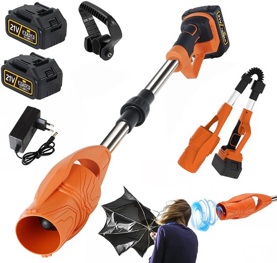 21V Draadloze Bladblazer - Uitgerust met Twee Accu's en Oplader - Lithium-ion Bladblazer - Opvouwbaar - Hoog Vermogen - Sneeuwblazer - Tuinventilator - Zwart & Oranje — afbeelding 2
