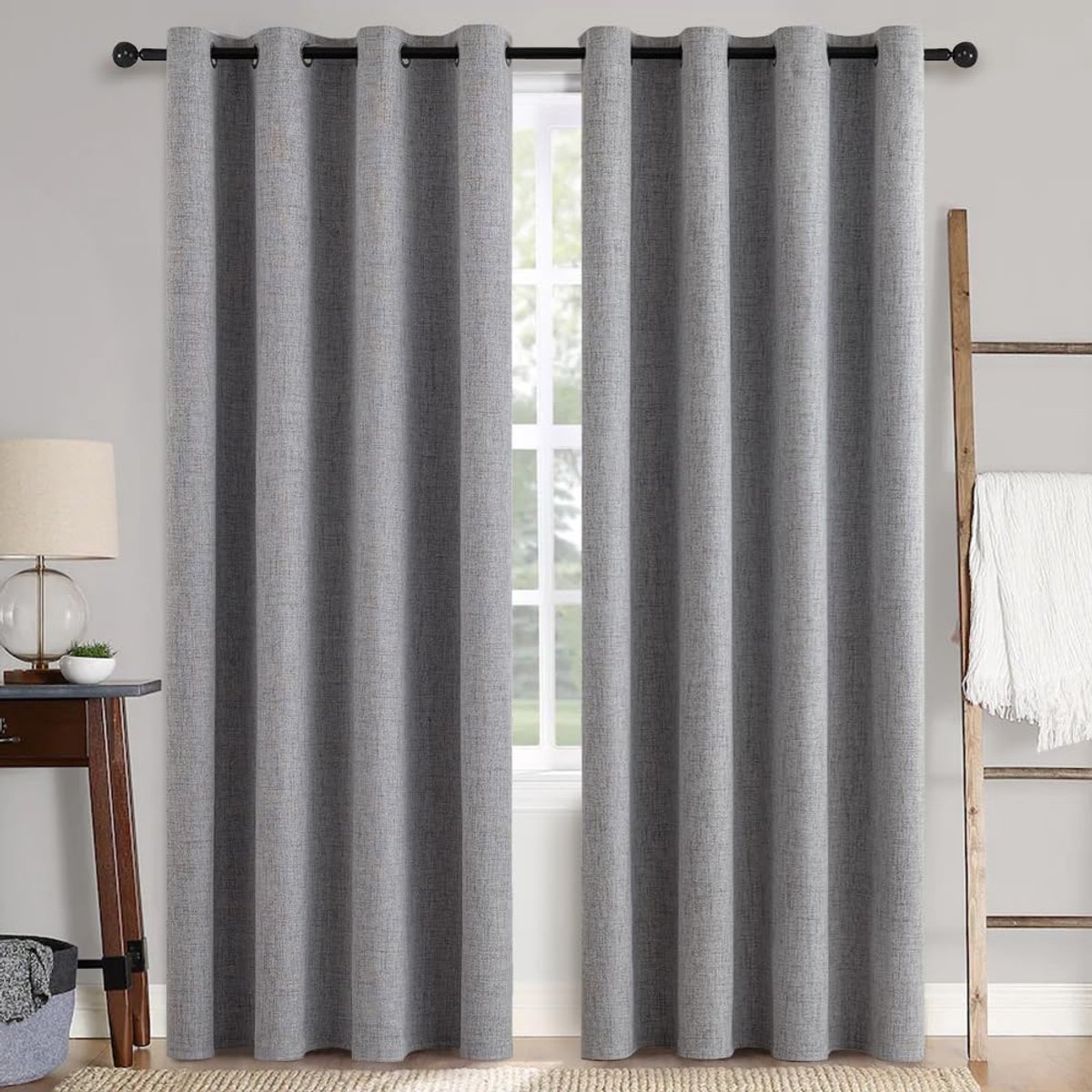 Gordijnen, warmte-isolerende gordijnen met ringen, 100% ondoorzichtig, linnen stijl, gordijnen voor woonkamer, koudebescherming, verduisteringsgordijn, set van 2, 140 x 200 cm