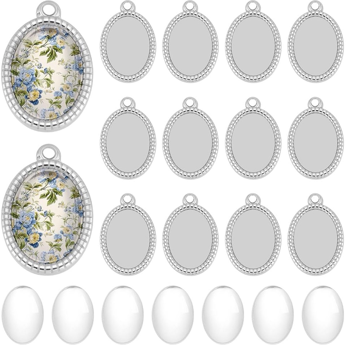 Dienbladen Ovale Vormen Blanco Bezel Trays Base Hanger Rvs Hangers Cabochons Instellingen met 20 Stks Glas Cabochon voor DIY Oorbel Ketting Sieraden Dienblad 10.5x14mm