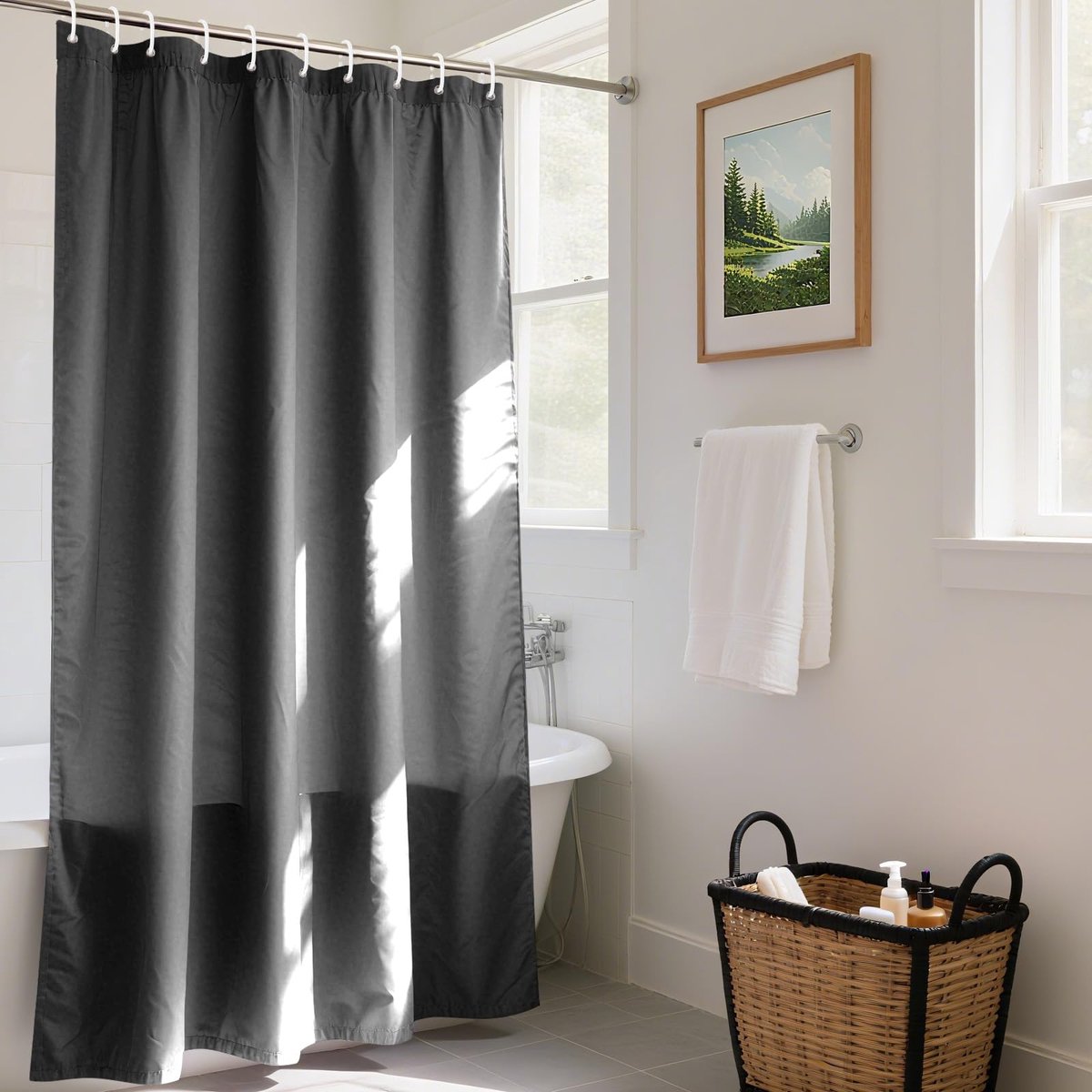 Douchegordijn, schimmelwerend, badgordijn, wasbaar, sneldrogend, waterafstotend, pvc, antibacterieel, badgordijn met 8 haken, 120 x 200 cm, donkergrijs