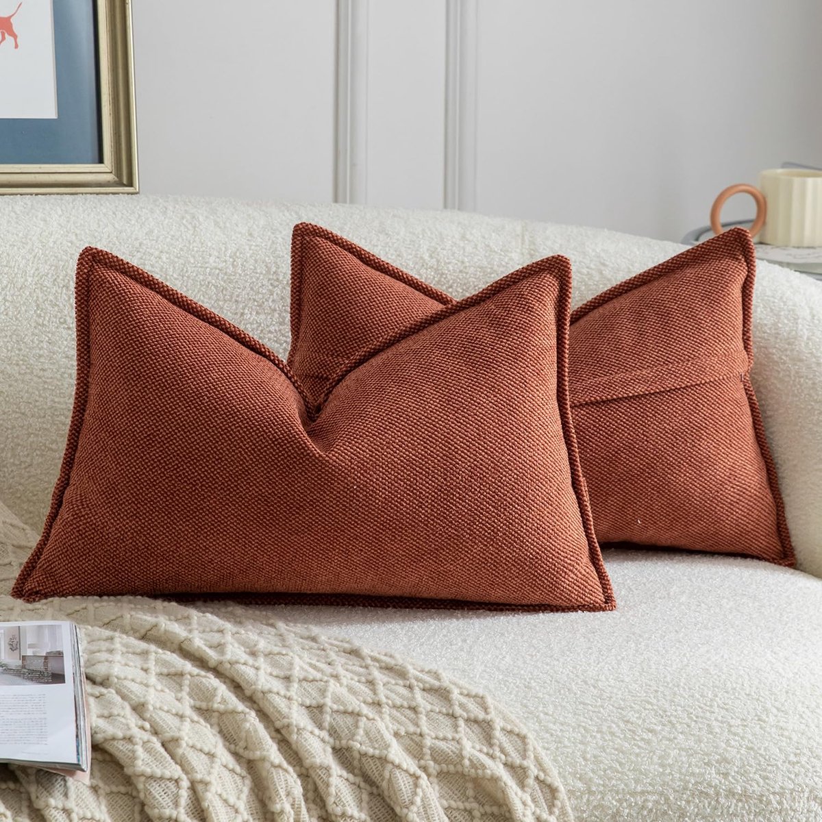 Set van 2 Chenille Franje Kussenslopen Zachte Neutrale Decoratieve Kussens voor Sofa Boho Accent Kussensloop voor Slaapkamer Woonkamer 40x80 cm Verbrande oranje