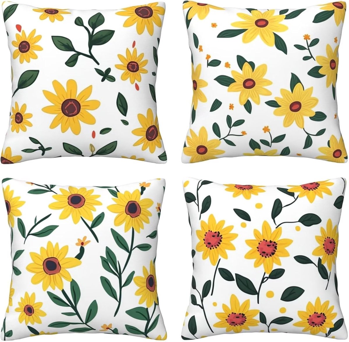 Kussenslopen van 65 x 65 cm, set van 4 stuks, zachte kussenslopen met onzichtbare rits, voor slaapbank, woondecoratie, gele bloemen en groene bladeren, set van 4 kussenslopen 26 x 26 inch, U3923